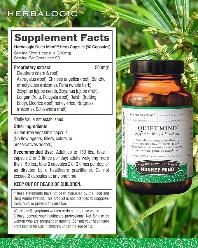 Herbalogic - Quiet Mind Herb Capsules - Non-Sedating, Promotes a Feeling of Zen-Like Calm - Eases Worry - Based on The Traditional Chinese Formula GUI Pi Tang - 90 Cap Count