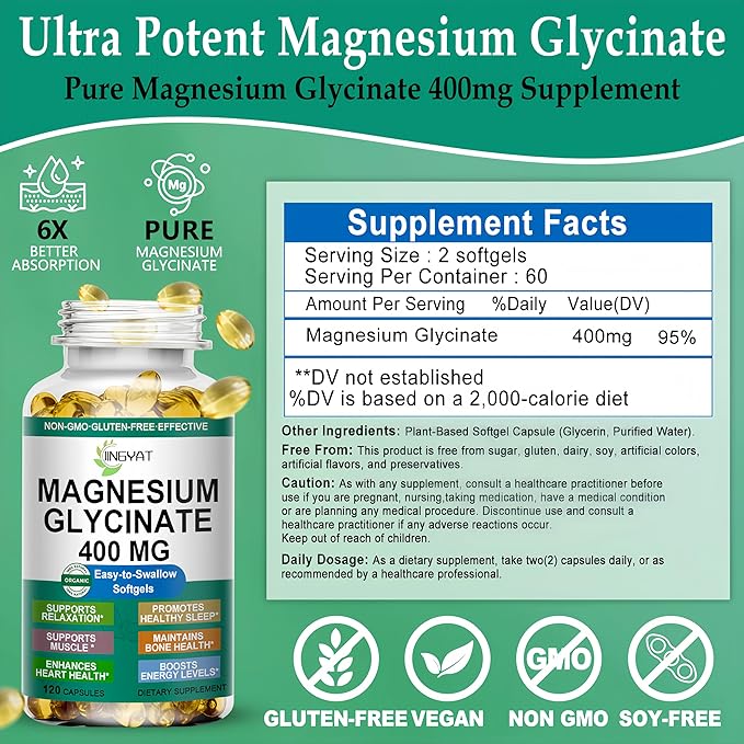 Magnesium Glycinate Softgels - High Absorption Pure Magnesium Glycinate 400mg for Sleep, Calm, Muscle Relaxation, Heart, Bone & Nerve Support for Women & Men - 100% Chelated & Purified Supplement
