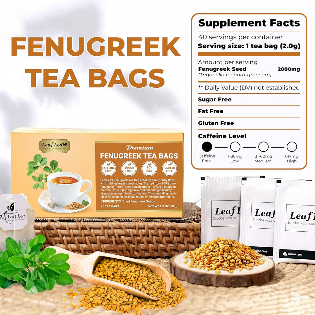 LeafLea 40 Natural Fenugreek Seed Tea Bags, 100% Pure from Fenugreek Seeds, Herbal Tea Infusion, Fenogreco Tea with Distinct Aroma and Smooth Flavor, Caffeine-Free, Individually Wrapped for Freshness