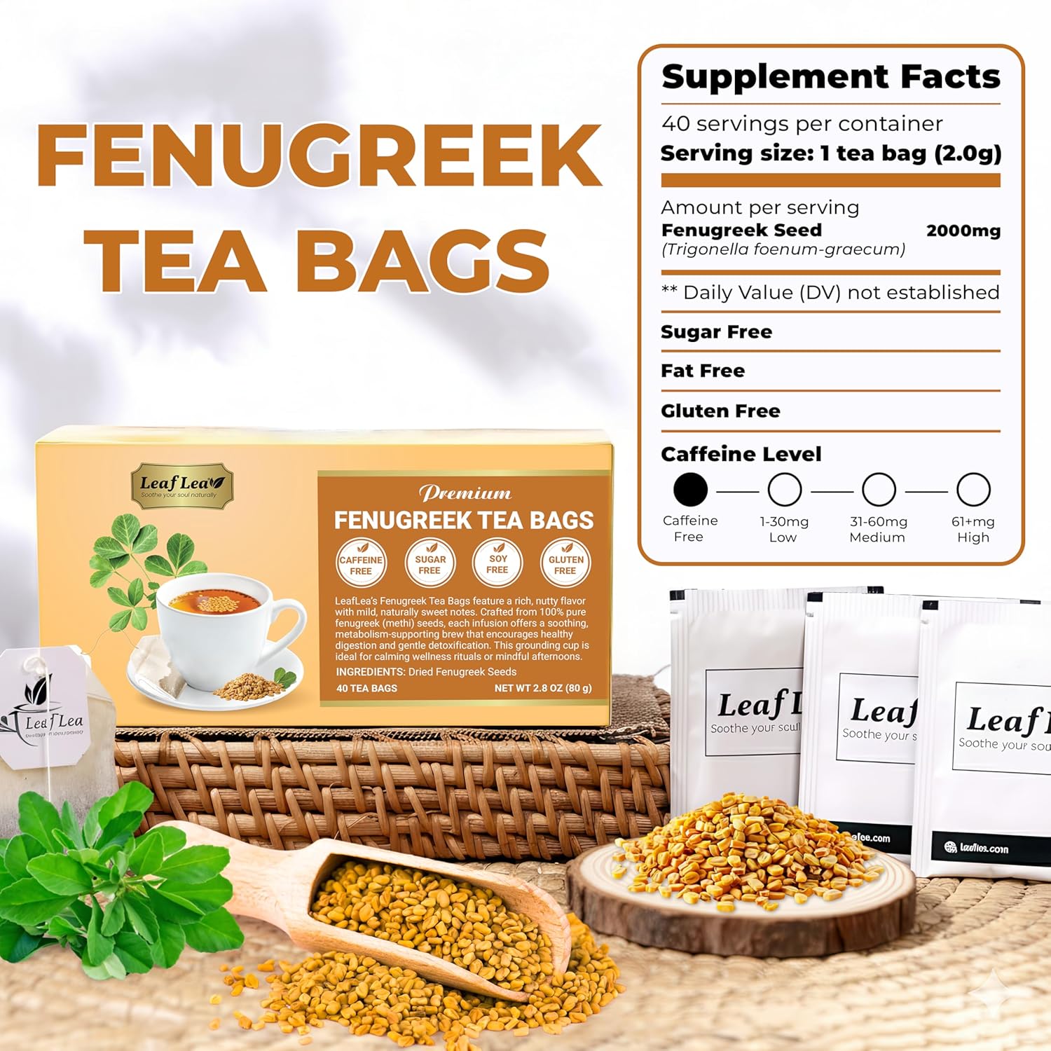 LeafLea 40 Natural Fenugreek Seed Tea Bags, 100% Pure from Fenugreek Seeds, Herbal Tea Infusion, Fenogreco Tea with Distinct Aroma and Smooth Flavor, Caffeine-Free, Individually Wrapped for Freshness