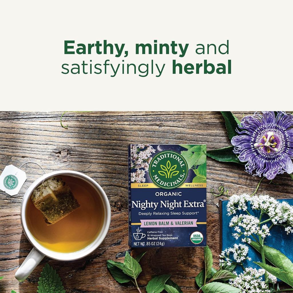 Traditional Medicinals Organic, Nighty Night Extra, Valerian Root & Lemon Balm - Herbal Sleep Aid Tea - Kosher, Non-GMO, Caffeine-Free, Compostable - 96 Tea Bags (6 Packs of 16)