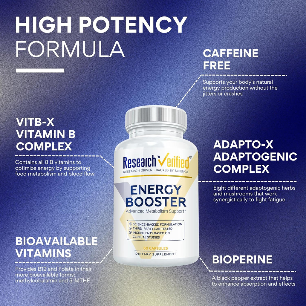 Research Verified Energy Booster - 180 Capsules - Caffeine Free - B Vitamins and Adaptogens - 3 Month Supply