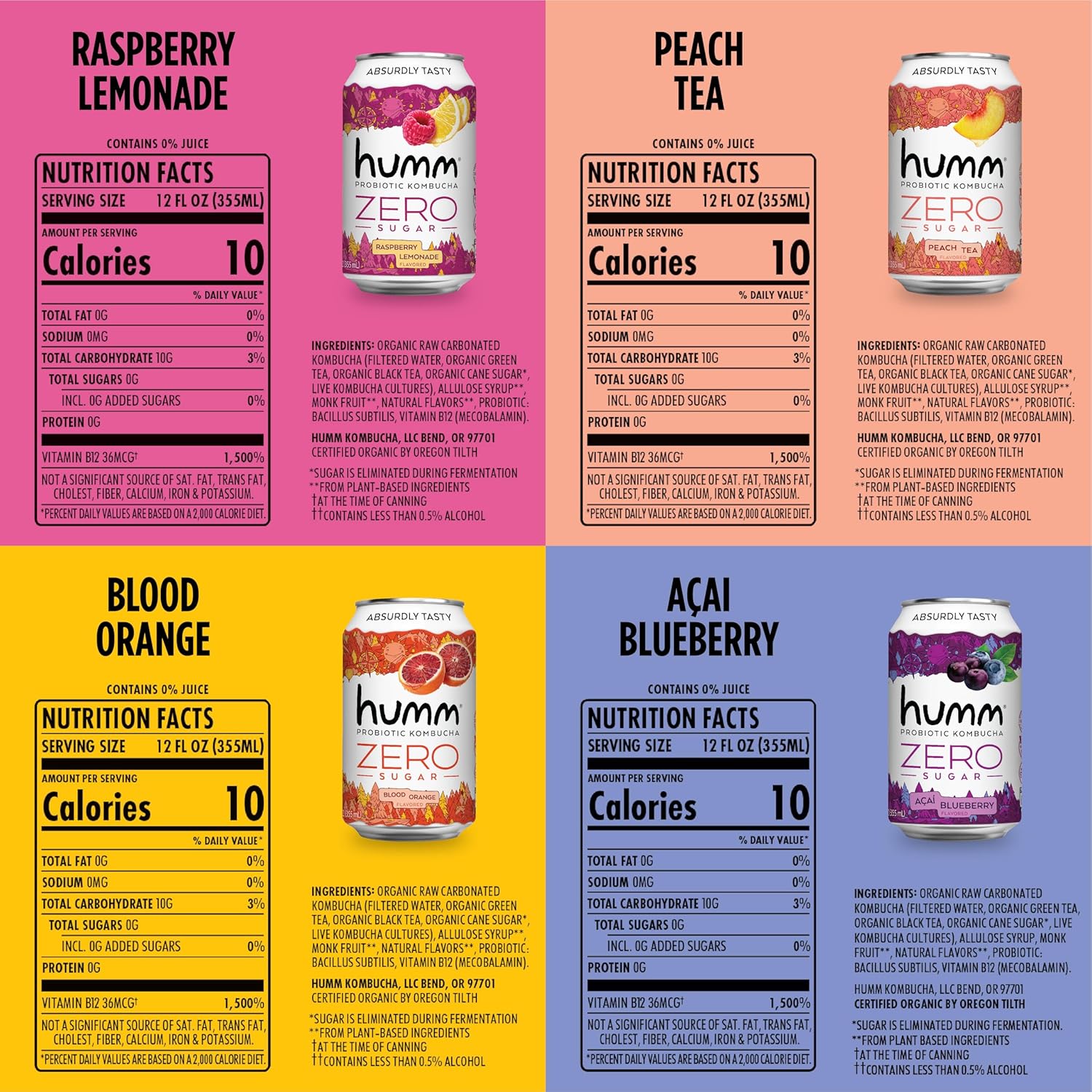 Humm Probiotic Kombucha Zero Sugar Variety Pack, No Refrigeration Needed, Keto Friendly, Organic, Vegan, Gluten Free, 12oz Cans (16 Pack)