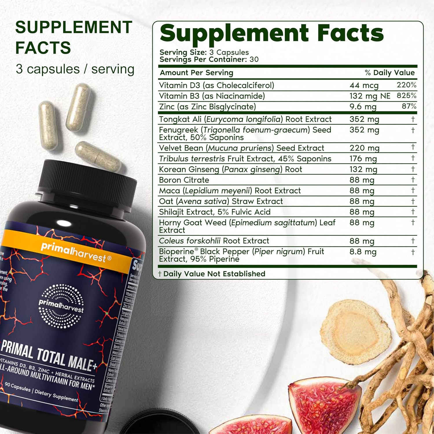 Primal Harvest Total Male+ Multivitamin for Men with Essential Vitamins, Minerals and Herbal Support for Energy, Vitality, Immune Health and Performance