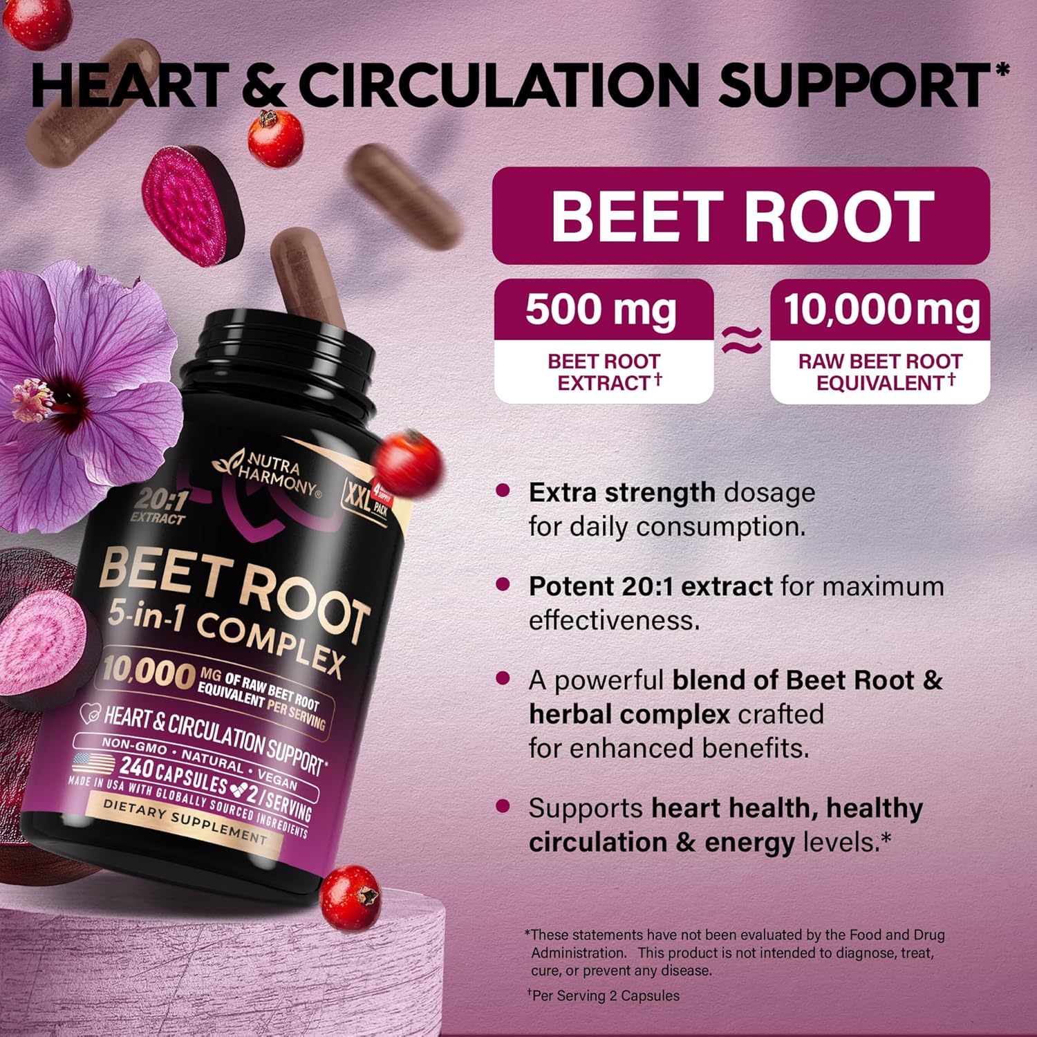 Beet Root Capsules - Healthy Blood Pressure Support Supplement** for Heart & Circulation Support - with Hawthorn Berry, Hibiscus & Garlic - Nitric Oxide for Energy - Made in USA, 240 Capsules