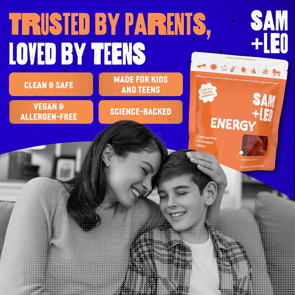 SAM+LEO Energy Gummies – Caffeine-Free B-Complex with Biotin – Daily Vegan Energy Support for Kids, Teens & Young Adults – Strawberry Flavor, 60 Gummies