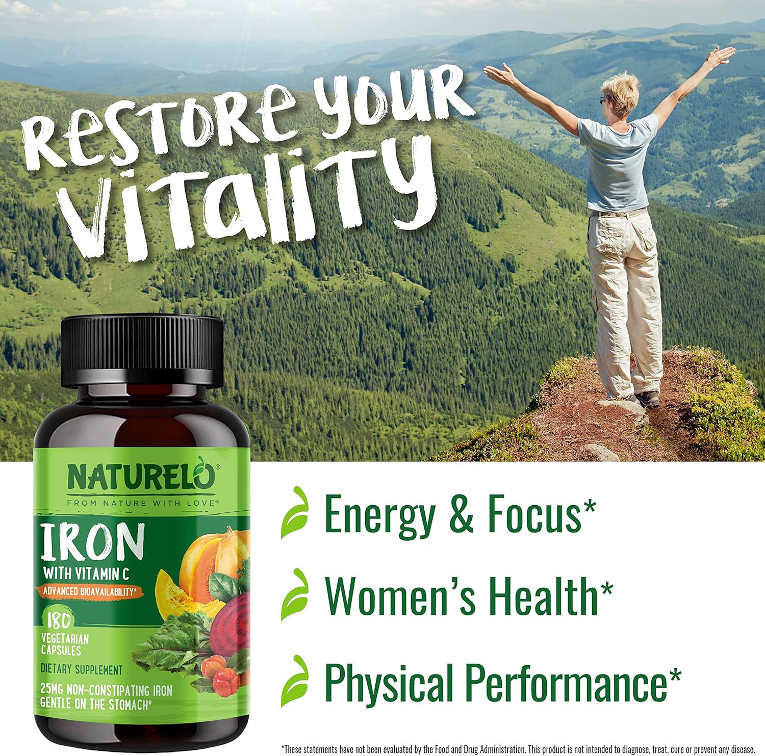 NATURELO Vegan Iron Supplement with Vitamin C and Organic Whole Foods - Gentle Iron Pills for Women & Men with Iron Deficiency Including Pregnancy, Anemia and Vegan Diets - 180 Mini Capsules