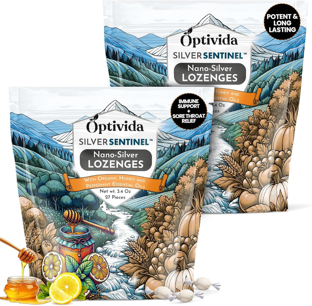Optivida Health Colloidal Silver Lozenges with Honey & Lemon Oil (2 Pack) - Soothing Sore Throat Lozenges for Adults with Cough Relief & Fast-Acting Nano Silver Formula for Immune Support, 60 Ppm