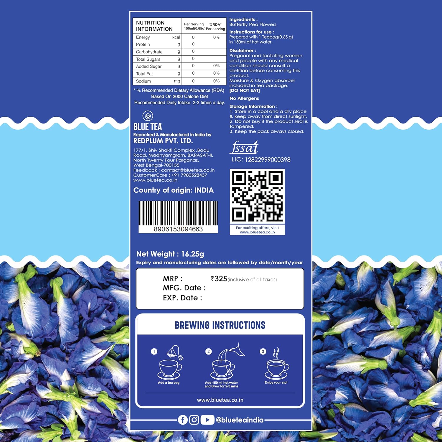 BLUE TEA - Butterfly Pea Flower Tea - 25 Count - Plant Based Tea Bags | Antioxidant Rich | Herbal Tea - Caffeine free - Non Bitter - No Preservatives - Chemical Free | Single Tear Box | Easy Pull Sachets