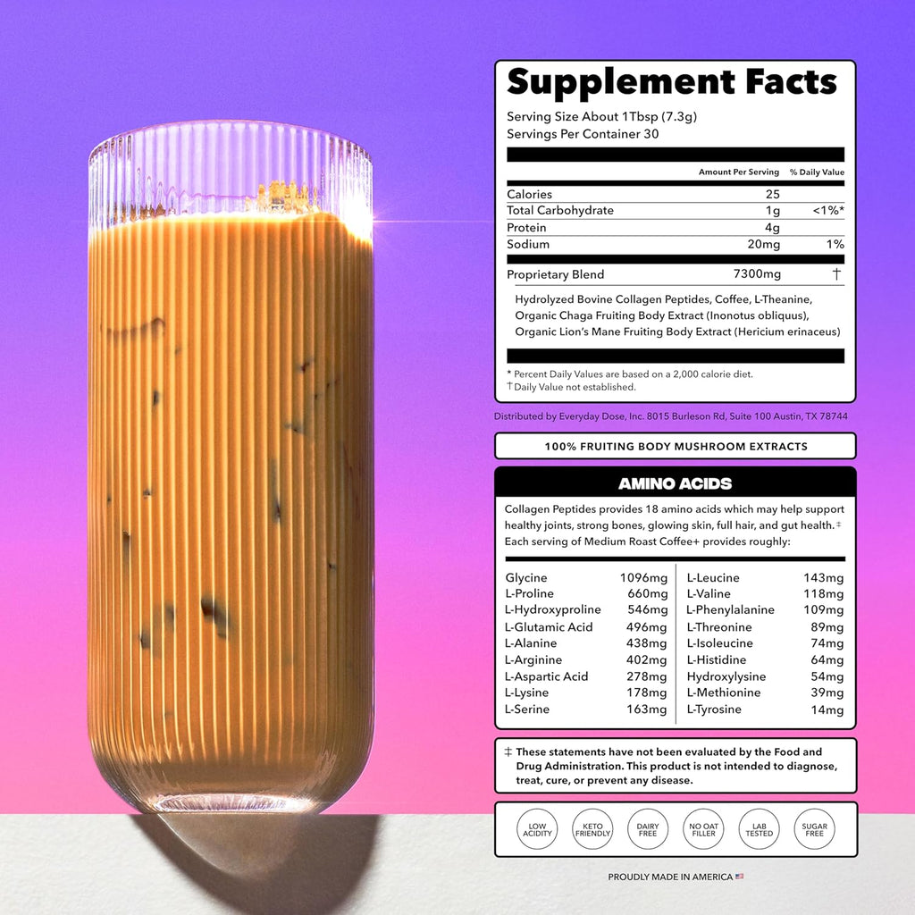 Everyday Dose Premium Adaptogenic Mushroom Coffee with Grass-Fed Collagen, Chaga, Lions Mane & L-Theanine for Better Focus, Energy, Digestion, Skin, and Immunity 30 Servings
