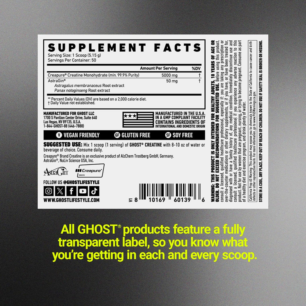 GHOST Basics Creatine Monohydrate Powder for Men & Women – 5G Creapure Creatine Workout Supplement for Muscle Gain – Vegan, Soy Free & Gluten Free - 50 Servings