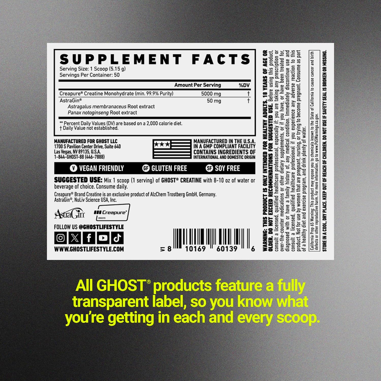 GHOST Basics Creatine Monohydrate Powder for Men & Women – 5G Creapure Creatine Workout Supplement for Muscle Gain – Vegan, Soy Free & Gluten Free - 50 Servings