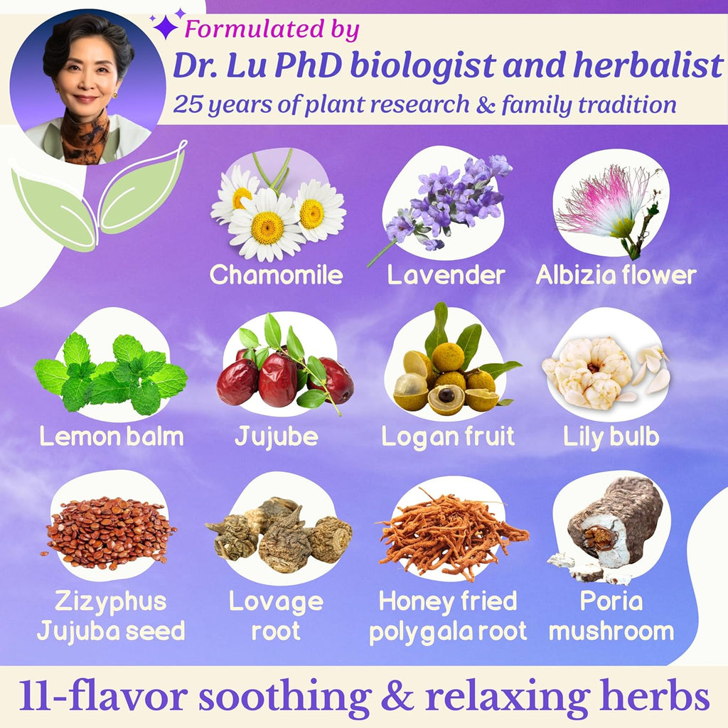 Dr. Lu’s Happy Sleep Tea | 100% Natural Calming Tea for Stress Relief | Bedtime tea for Fast, Deep, Restful Sleep | Handcrafted Sleepy Blend with Chamomile, Lavender, Lemon Balm & 8 More Relaxing Herbs