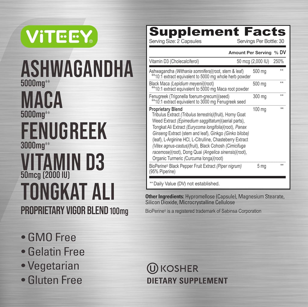 Viteey Ashwagandha Maca Fenugreek Supplement with Tongkat Ali – Drive, Passion & Energy Support for Men & Women – Mood, Calm & Stress Support - 60 Capsules