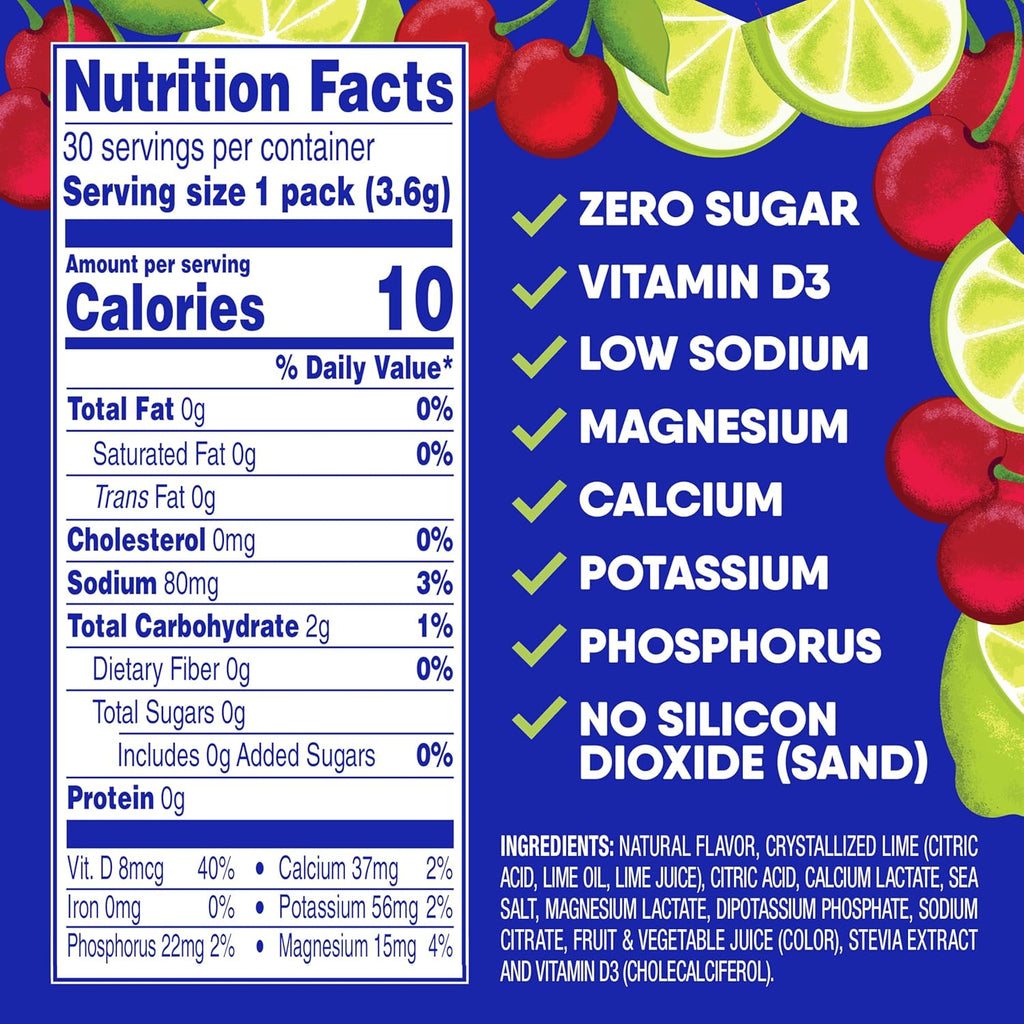 GoHydrate Low Sodium Electrolytes Powder Packets Sugar Free - Instant Hydration Daily Drink Mix - Zero Sugar Water Flavor Packet Singles with Vitamin D - (Cherry Limeade, 30 Packs)