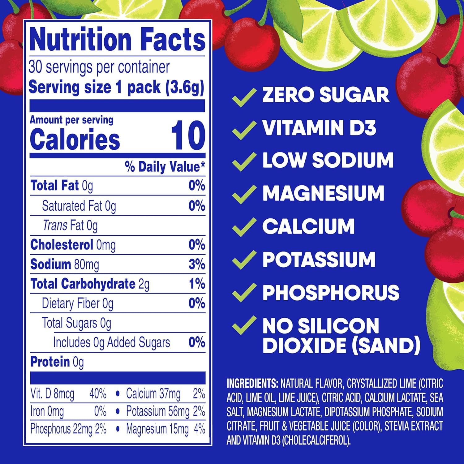 GoHydrate Low Sodium Electrolytes Powder Packets Sugar Free - Instant Hydration Daily Drink Mix - Zero Sugar Water Flavor Packet Singles with Vitamin D - (Cherry Limeade, 30 Packs)