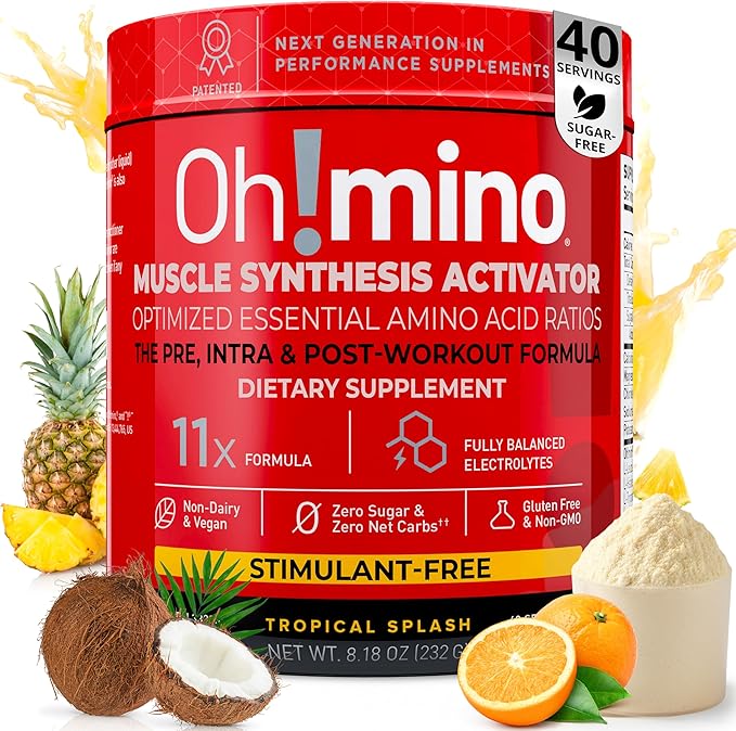 Oh!mino BCAAs + EAAs, All 9 Essential Amino Acids for Muscle Growth & Recovery, Tropical Flavor, Stimulant-Free, Sugar-Free Pre/Intra Post Workout Supplement, Non-GMO