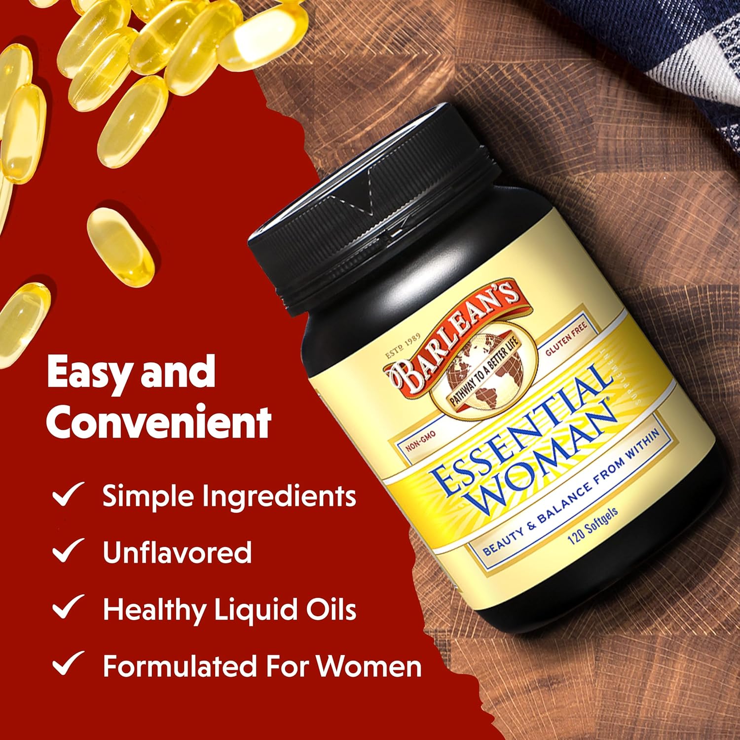 Barlean's Essential Woman Supplement Capsules, Women's Flaxseed and Evening Primrose Oil for Hormone Balance, Omega 3 6 9 and GLA Acid, 120 Count