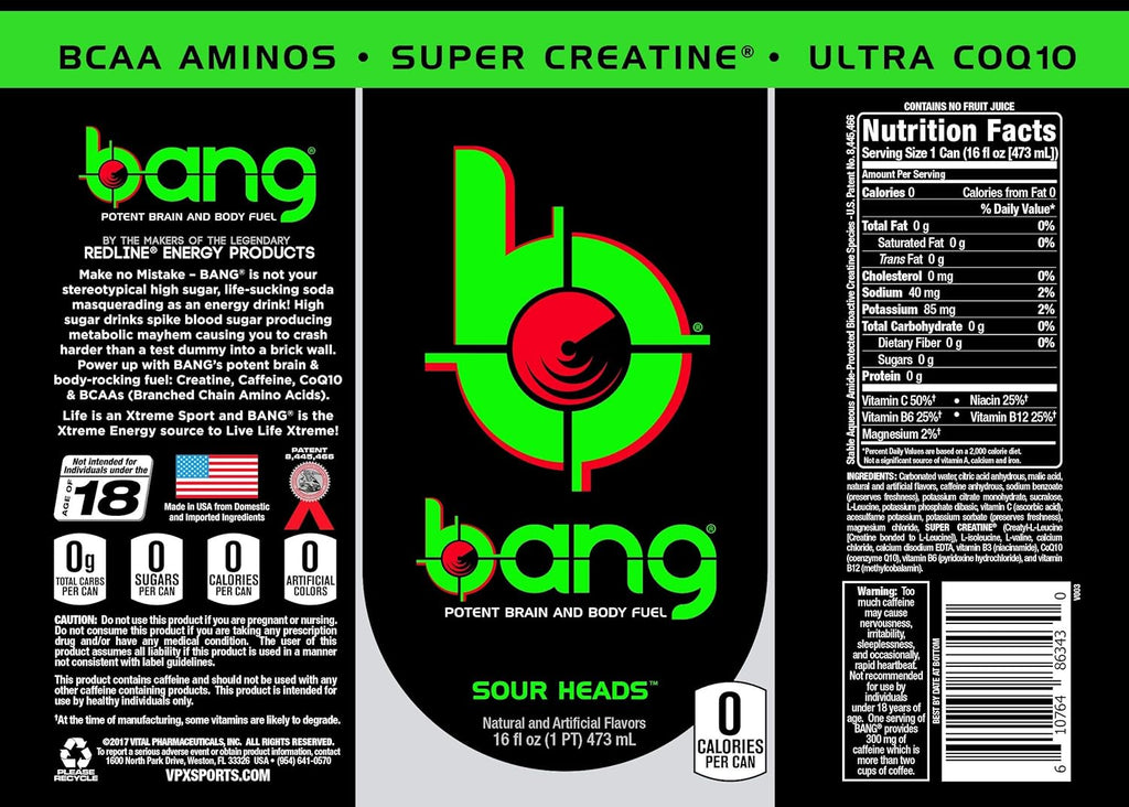 Bang Energy Sour Heads, Sugar-Free Energy Drink, 16-Ounce (Pack of 12)
