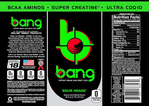 Bang Energy Sour Heads, Sugar-Free Energy Drink, 16-Ounce (Pack of 12)