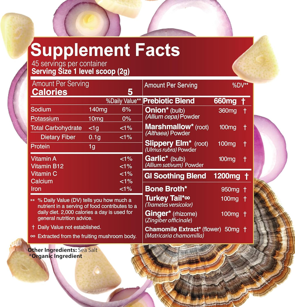 One Farm Superfood Powder Gut Health, Organic Gut Soothing Blend and Prebiotic Blend, Non-GMO, Prebiotics with Bone Broth, Turkey Tail Mushroom, Slippery Elm, and Marshmallow Root for GI Health