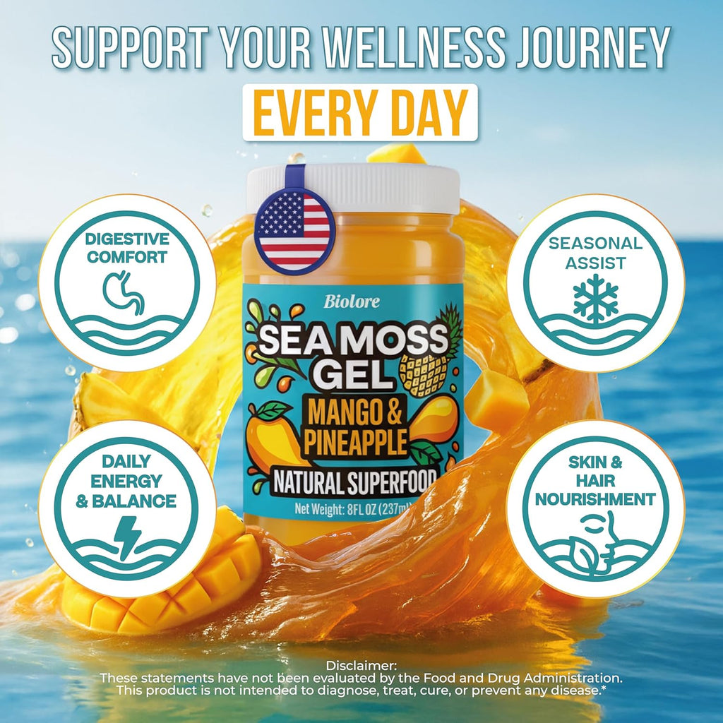 Biolore Sea Moss Gel Mango-Pineapple Made in USA Raw Wildcrafted Irish Seamoss Essential Vitamins Trace Minerals Vegan Superfood, Jam, Jelly & Sweet Spread Gifts (Mango-Pineapple 8OZ)