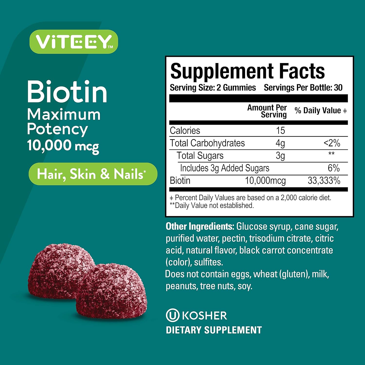 Viteey Biotin Gummies for Hair Skin and Nails - Biotin for Hair Growth Gummies - 10,000 mcg - Vegan, Gluten-Free, Non-GMO – 120 Count
