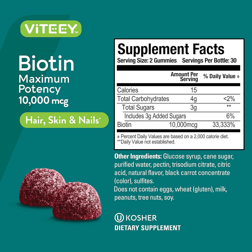 Viteey Biotin Gummies for Hair Skin and Nails - Biotin for Hair Growth Gummies - 10,000 mcg - Vegan, Gluten-Free, Non-GMO – 60 Count