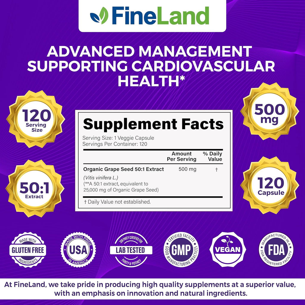 FineLand Grape Seed Extract 50:1 – 25,000mg Equivalent per Capsule – 120 Vegan Capsules – Rich in Antioxidants | Heart, Immune & Circulation Support – Non-GMO | Made in USA