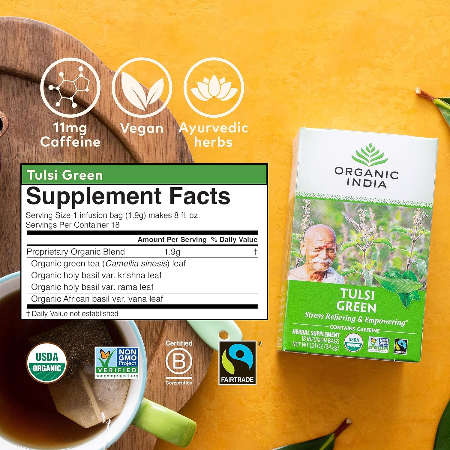 ORGANIC INDIA Tulsi Green Tea Bags - Holy Basil Tea, African Basil, Stress Relieving, Immune Support, USDA Certified Organic, Premium Darjeeling Green Tea, Caffeinated - 18 Infusion Bags, 3 Pack