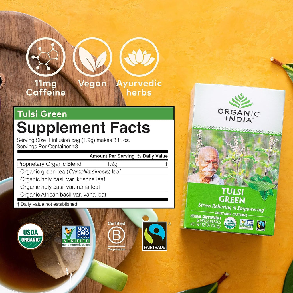 Organic India Tulsi Green Herbal Tea - Holy Basil, Stress Relieving & Empowering, Immune Support, Vegan, USDA Certified Organic, Premium Darjeeling Green Tea, Caffeinated - 18 Infusion Bags, 1 Pack