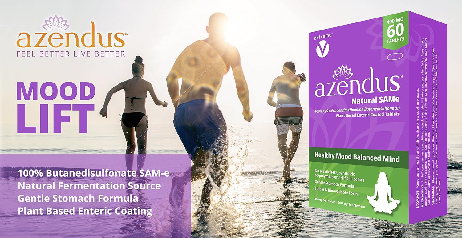 Azendus Mood 200mg of S-Adendosylmethionine Butanedisulfonate (Same) (2 Boxes - 120 Enteric Coated Tablets) Vegan, Gluten Free, Soy Free