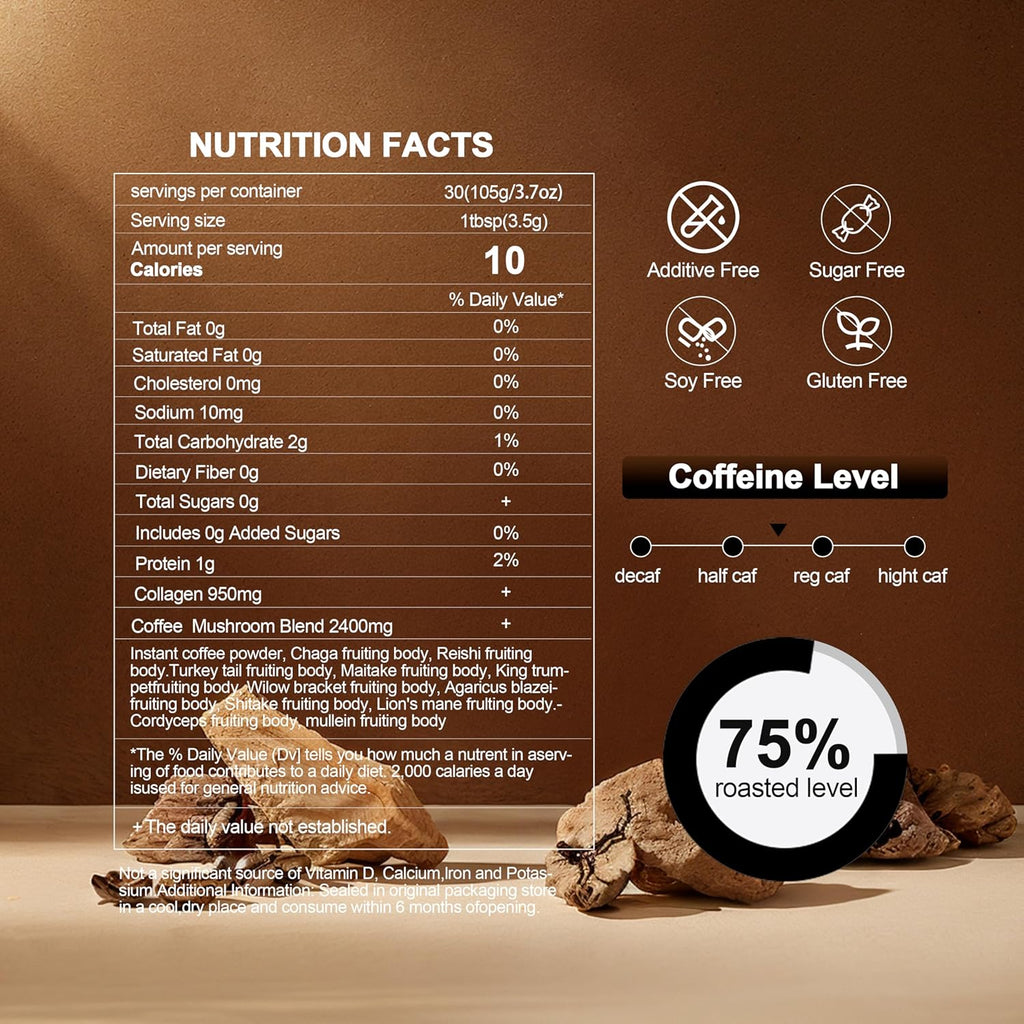 SUNDAFONE Mushroom Coffee with Grass-Fed Collagen, Mullein,Lion's Mane, Reishi and 10 Adaptogenic Mushrooms; Super Instant Cold Brew Protein Iced Coffee Blend; 0g of Sugar, Low Caffeine, 30 Servings