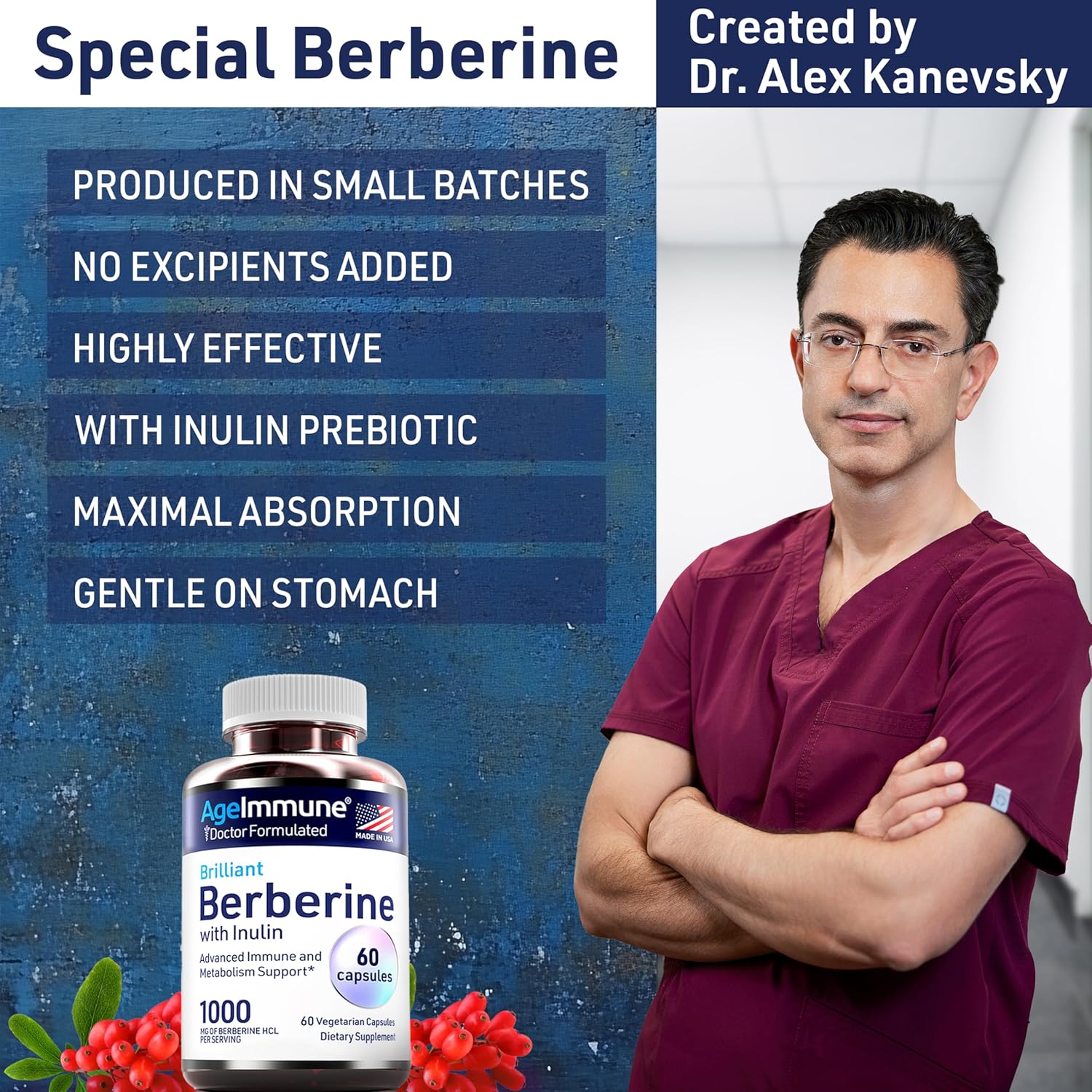 Berberine 1000mg Supplement Complex with Inulin Prebiotic - Each Capsule Contains Berberine 500mg - Doctor Formulated Supplements for High Absorption.
