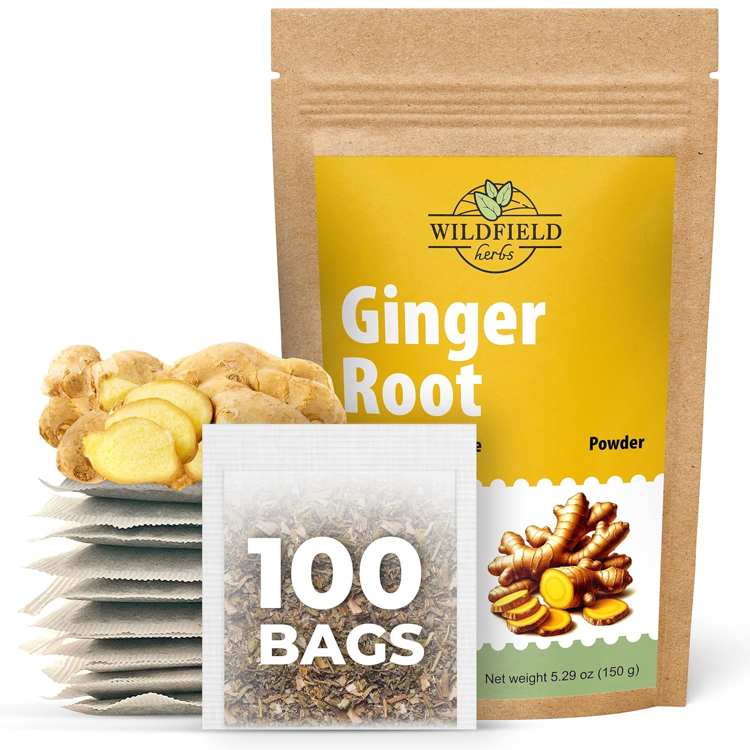 100 Bags Ginger Tea Ginger Root Tea Dry Dried Herb (Zingiber Officinale) - 100 Count 1.5g Bags Raíz De Jengibre