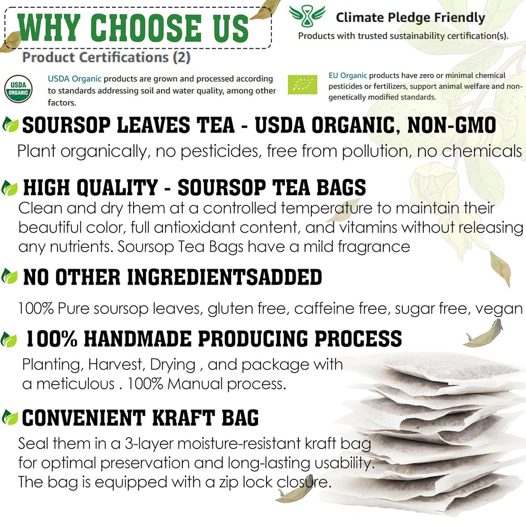 KEYXE - USDA Organic Soursop Graviola Leaves Tea 90 Bags. Non-GMO Verified , 100% Organic Soursop Leaves for Digestion, Boosting Immune, Improving Sleep & Skin Health, Gluten Free, Caffein Free , Hojas De Guanabana Tea Organica, Eco-Conscious Tea Bags