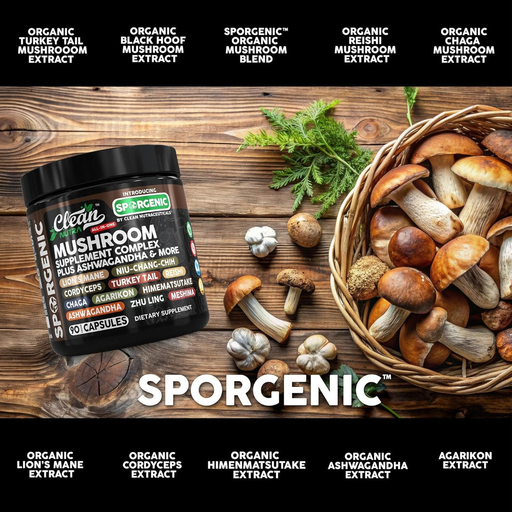 Organic Mushroom Supplement | Ashwagandha Lions Mane Cordyceps Turkey Tail Reishi Mushrooms Maca Root Black Hoof Chaga Tremella Agarikon Shiitake Oyster Powder Capsules Sporgenic by Clean Nutra (1)