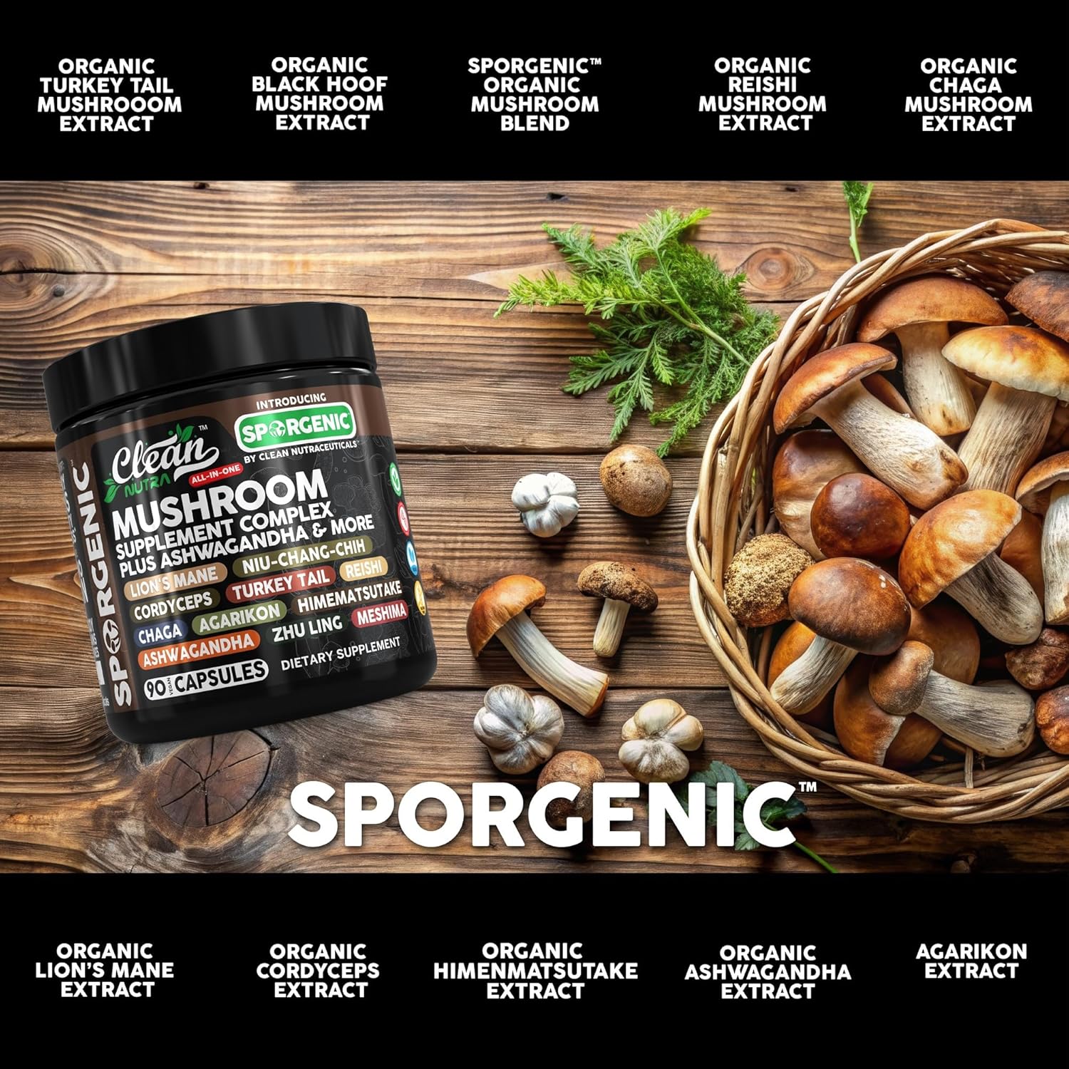 Organic Mushroom Supplement | Ashwagandha Lions Mane Cordyceps Turkey Tail Reishi Mushrooms Maca Root Black Hoof Chaga Tremella Agarikon Shiitake Oyster Powder Capsules Sporgenic by Clean Nutra (1)