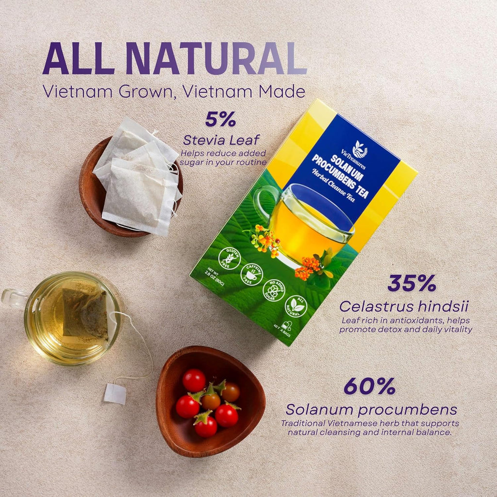 VieTreasures Solanum Procumbens Leaf Tea - 2.8oz (40 Tea Bags) | With Celastrus and Stevia Blend | Caffeine-free, Gluten-free, Sugar-free Herbal Cleanse Tea for Relax, Energy & Inner Health Support