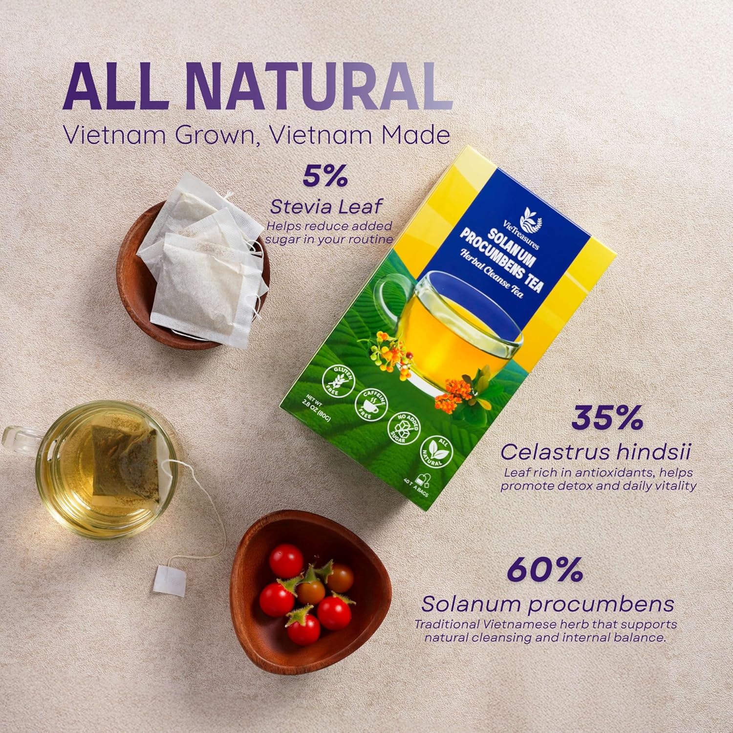 VieTreasures Solanum Procumbens Leaf Tea - 2.8oz (40 Tea Bags) | With Celastrus and Stevia Blend | Caffeine-free, Gluten-free, Sugar-free Herbal Cleanse Tea for Relax, Energy & Inner Health Support