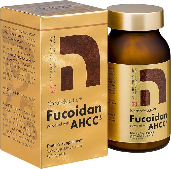 Fucoidan Powered with AHCC® Brown Seaweed Immunity Supplement with High Purity Organic Mekabu Mozuku Agaricus 3 Bottles - 480 Vegetable Capsules Made in Japan