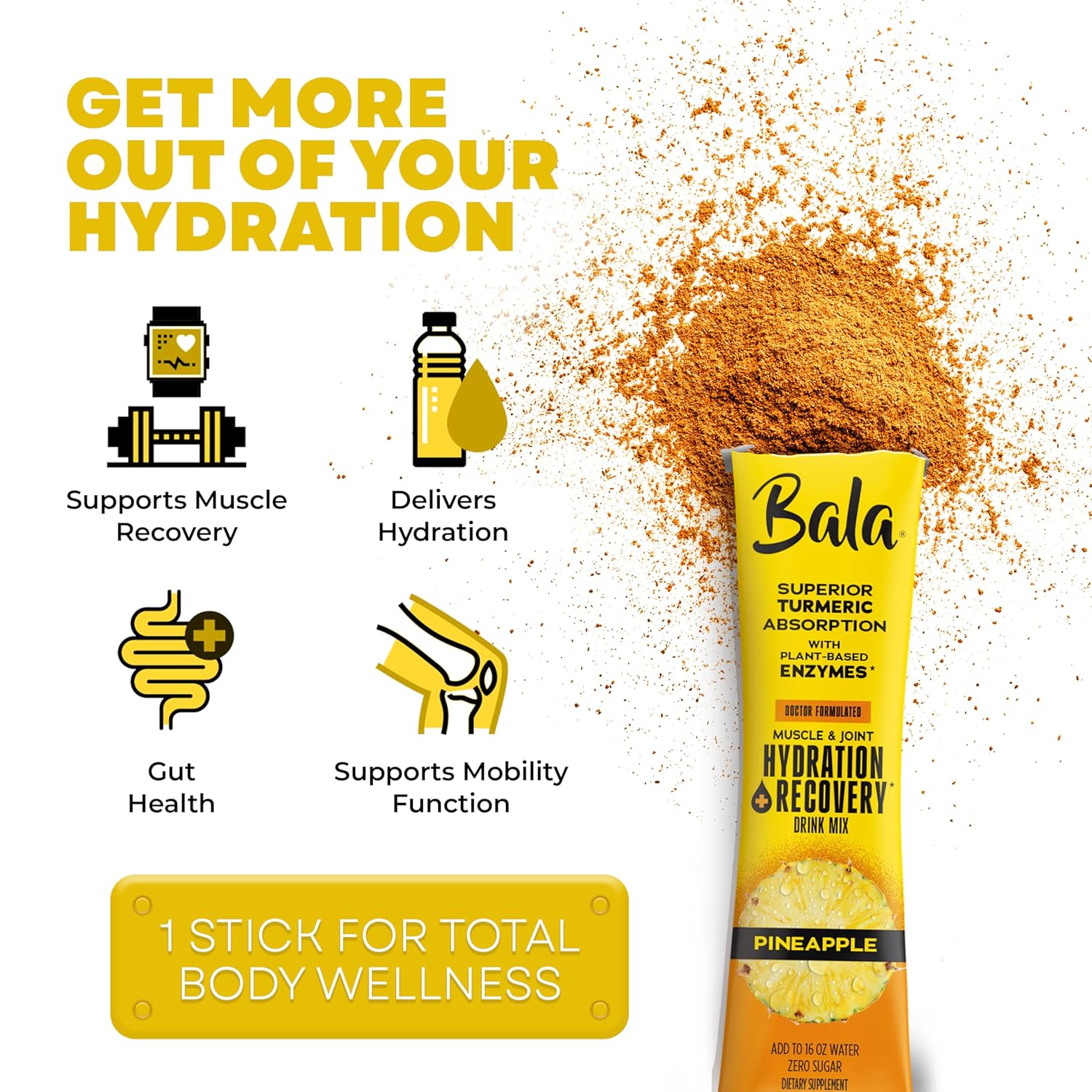 Bala Enzyme Hydration & Sugar-Free Drink Mix - Turmeric, Bromelain, Papain - Immunity, Mobility - Pineapple 0.25oz (30 Count)
