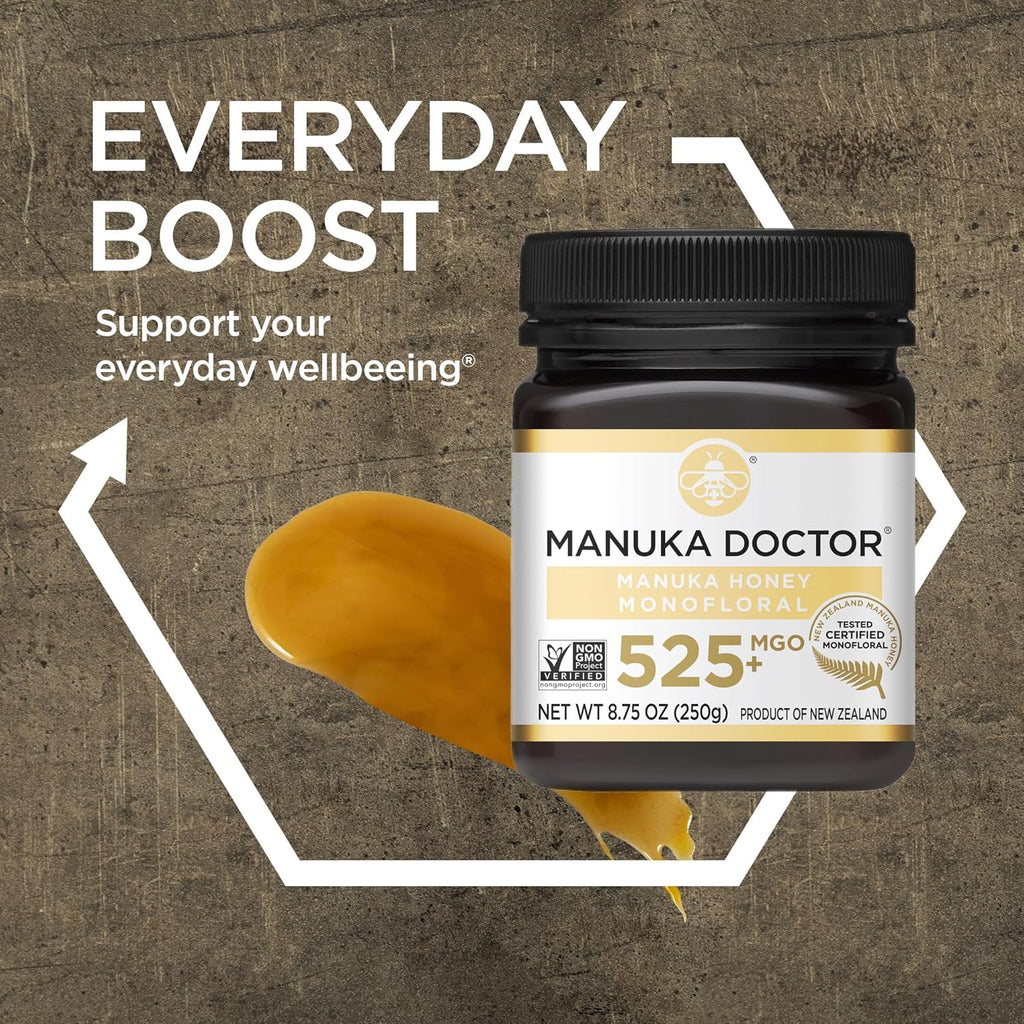 Manuka Doctor - MGO 525+ Manuka Honey Monofloral, 100% Pure New Zealand Honey. Certified. Guaranteed. Raw. Non-GMO (8.75 oz)