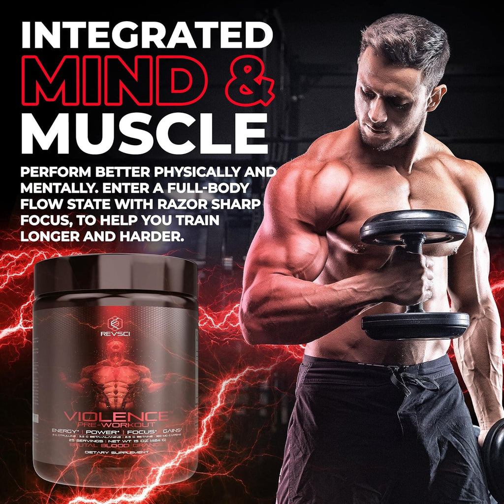 Violence Pre Workout Powder for Men & Women, Clinically Dosed Preworkout, 180 mg Caffeine + L-Theanine, L Citrulline Malate, Beta Alanine, Alpha GPC - 25 Servings, Blood Orange - Energy, Focus & Pump