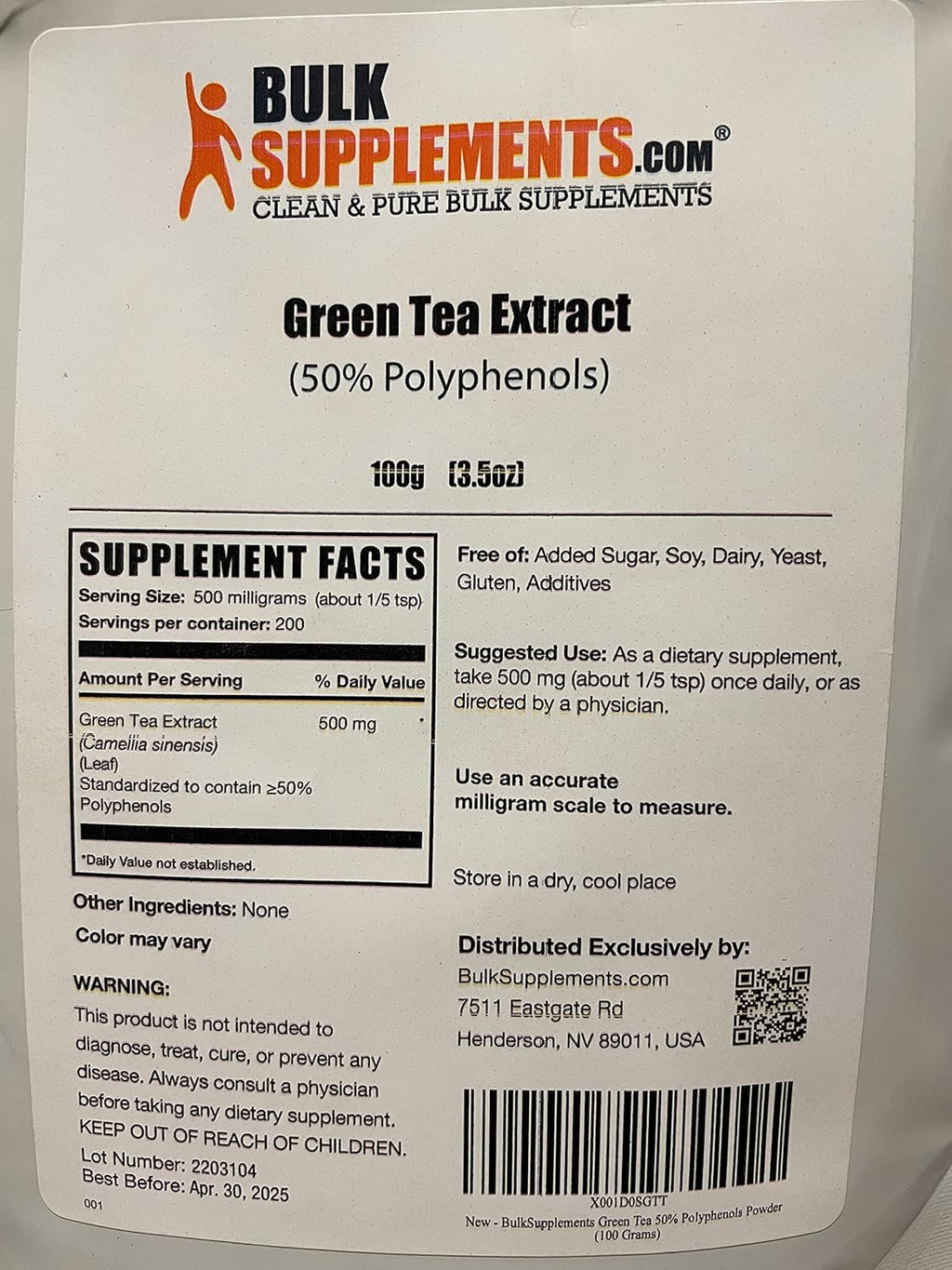 BulkSupplements.com Green Tea Extract Powder - 50% Polyphenol, Green Tea Supplement, Herbal Supplement - Gluten Free, 500mg per Serving, 100g (3.5 oz) (Pack of 1)