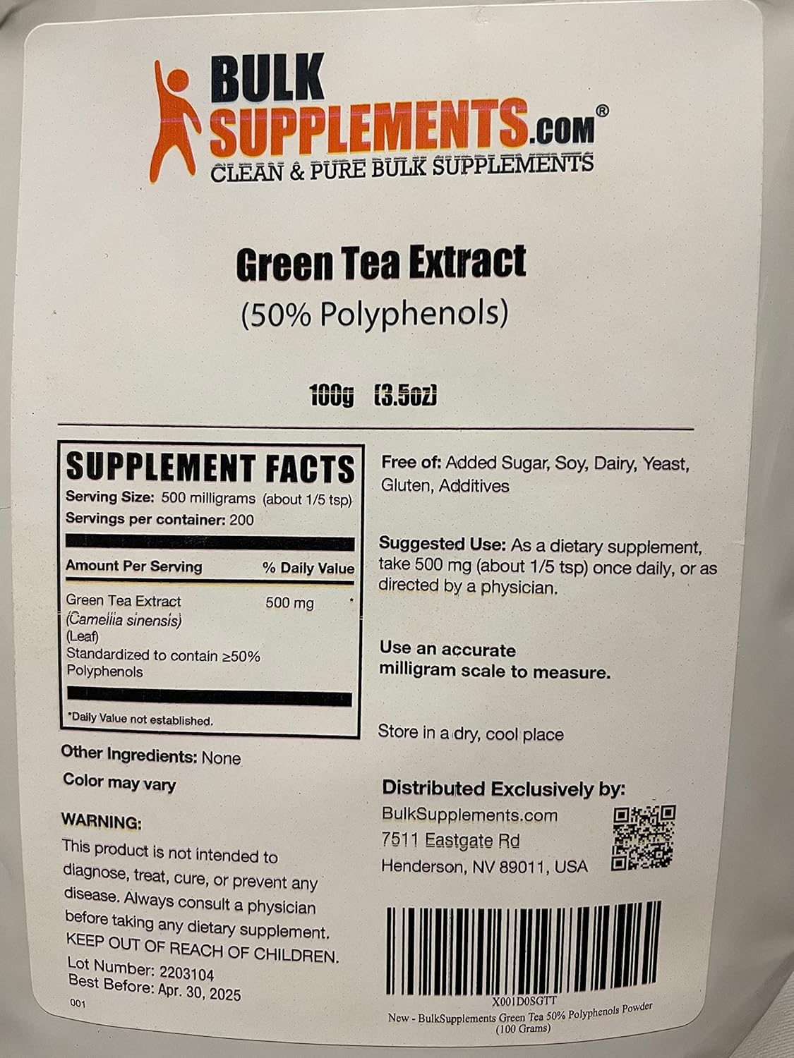 BulkSupplements.com Green Tea Extract Powder - 50% Polyphenol, Green Tea Supplement, Herbal Supplement - Gluten Free, 500mg per Serving, 100g (3.5 oz) (Pack of 1)