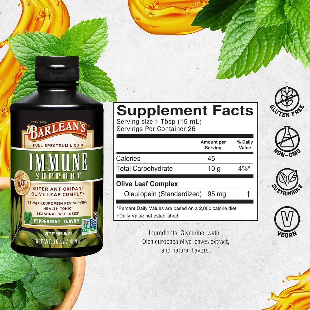 Barlean's Peppermint Olive Leaf Complex Liquid Immune Support Supplement, 95mg Oleuropein Antioxidants, 16 oz