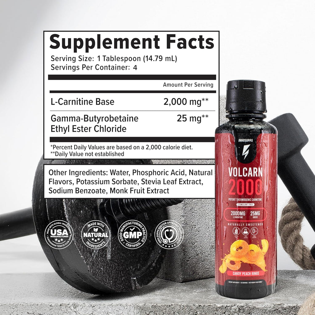 InnoSupps Volcarn 2000 - L-CARNITINE Advanced Energy Liquid | ATP Enhancer with GBEEC | Boosts Energy, Enhances Focus, Caffeine Free, No Artificial Sweeteners | 32 Servings (Candy Peach Rings)