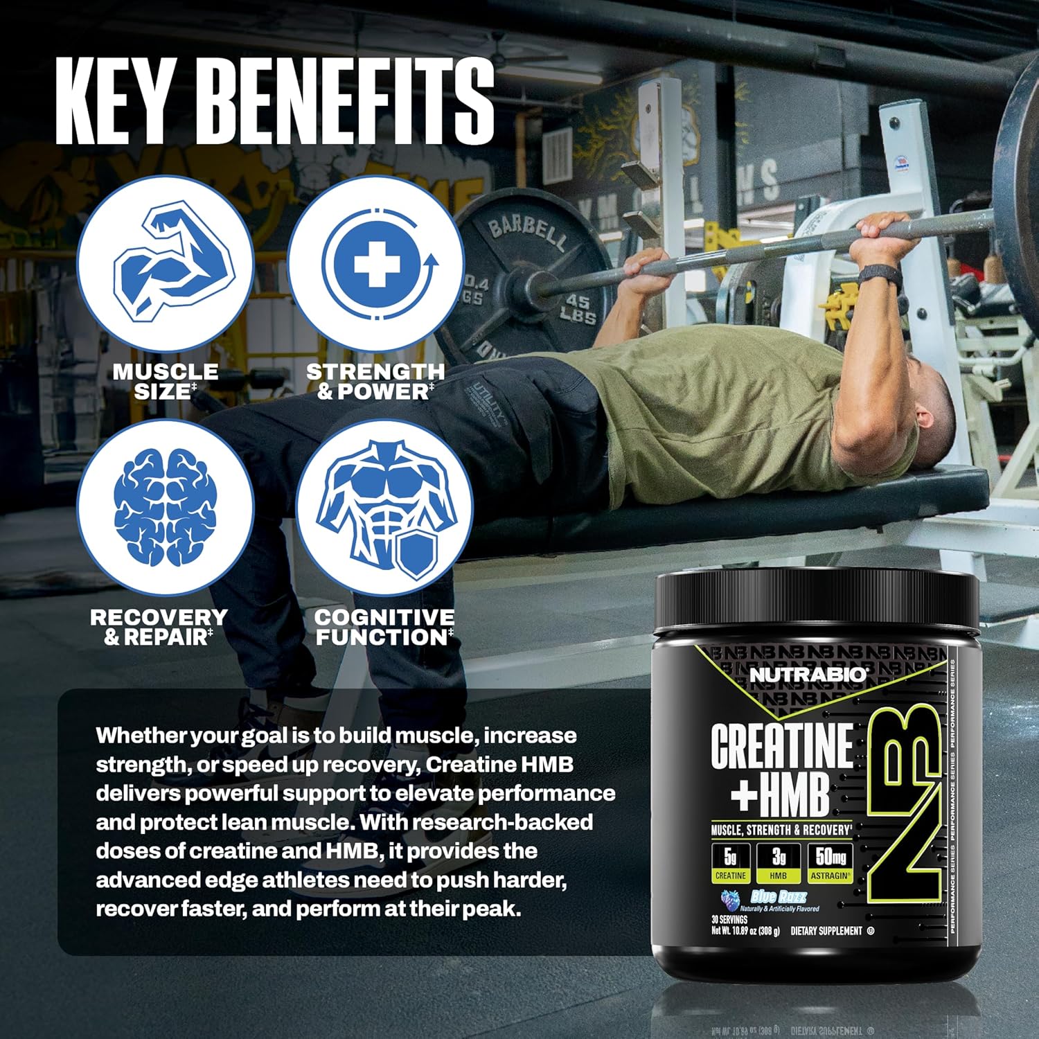 NutraBio Creatine + HMB- Creatine Monohydrate with HMB Powder for Muscle Growth, Increased Strength- 30 Servings (Blue Razz)