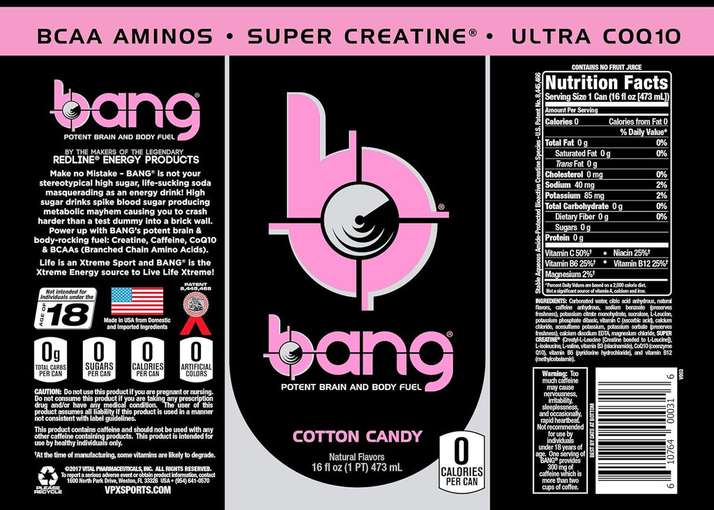 Bang Energy Cotton Candy, Sugar-Free Energy Drink, 16-Ounce (Pack of 12)